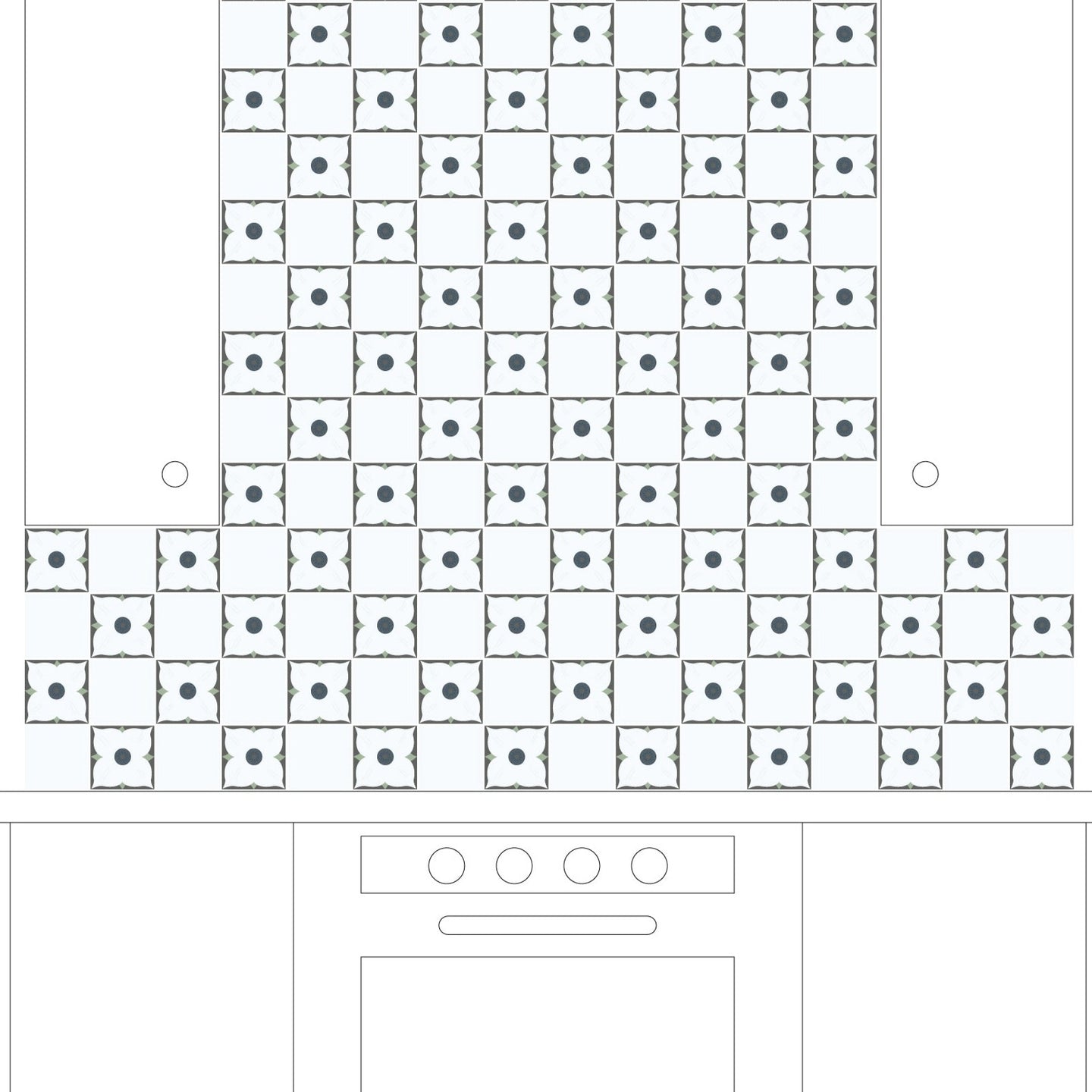 A preliminary sketch drawing of a kitchen design showing tile layout on the walls and floor.